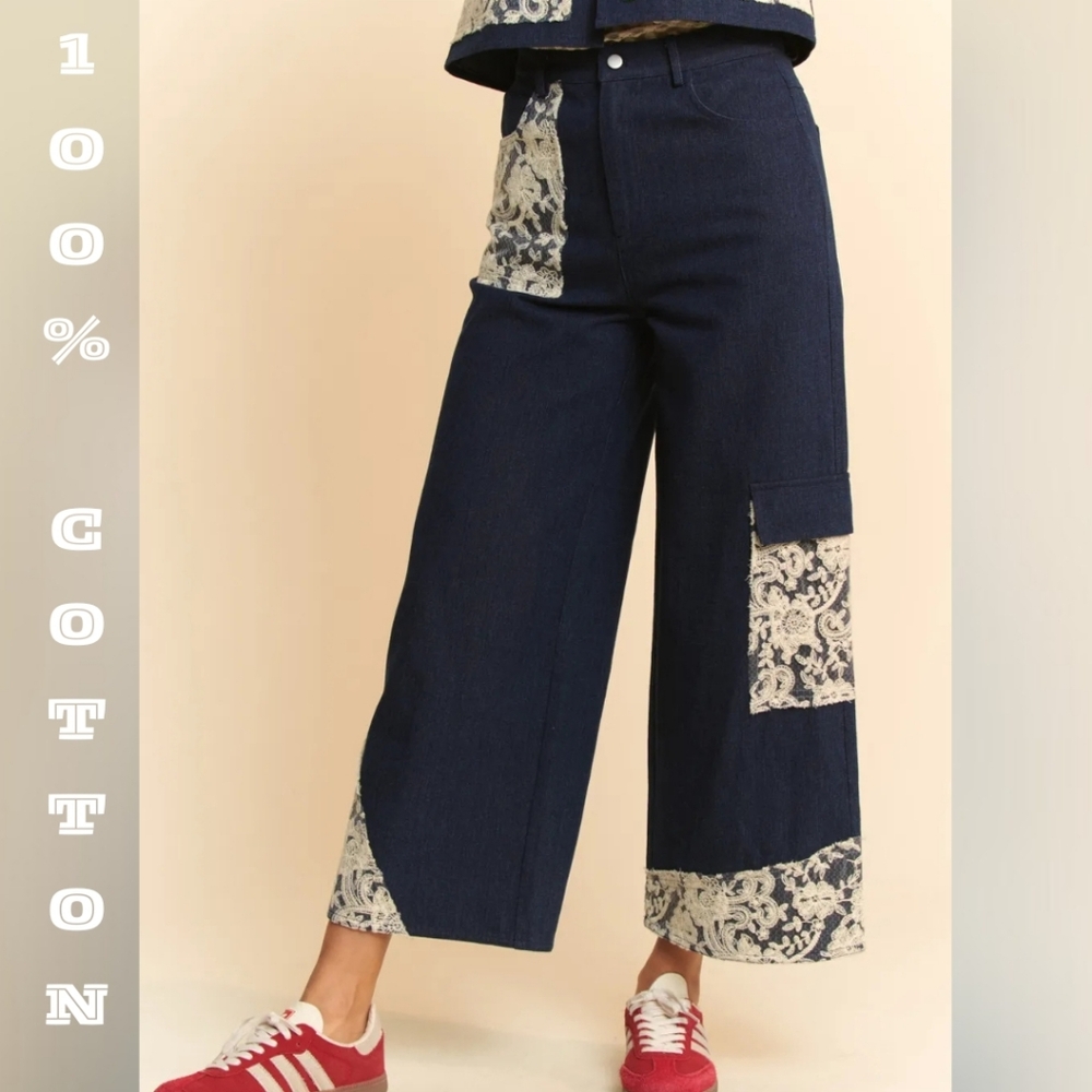 100% Cotton Lace Appliqué Dark Wide-Leg Jeans